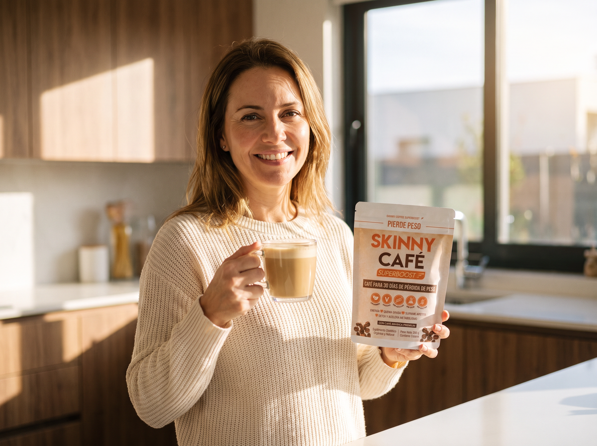 Mujer tomando Skinny Cafe en su cocina