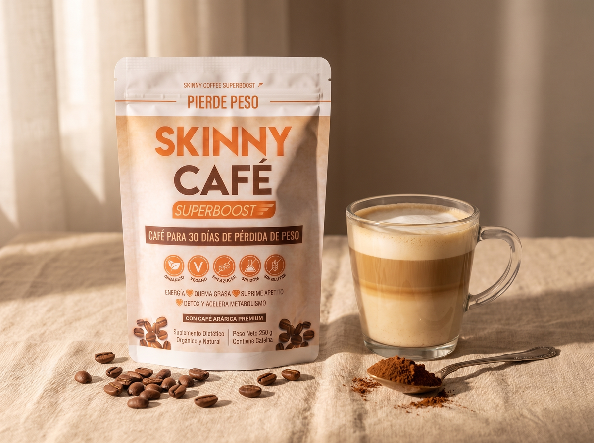Skinny Cafe con taza y granos de cafe