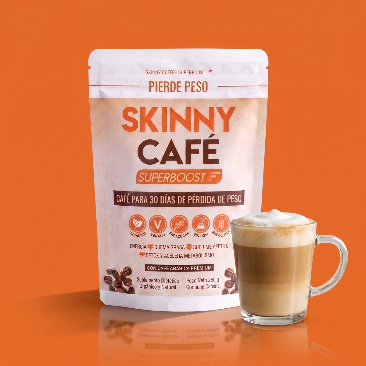 Skinny Cafe SuperBoost 250 g con taza de cafe